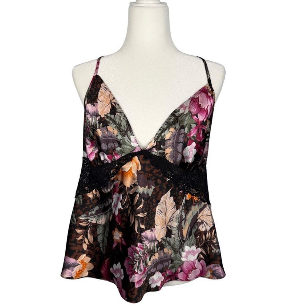 Linea Donatella Babydoll Camisole Top Size XL Black Pink Floral Satin Whimsigoth